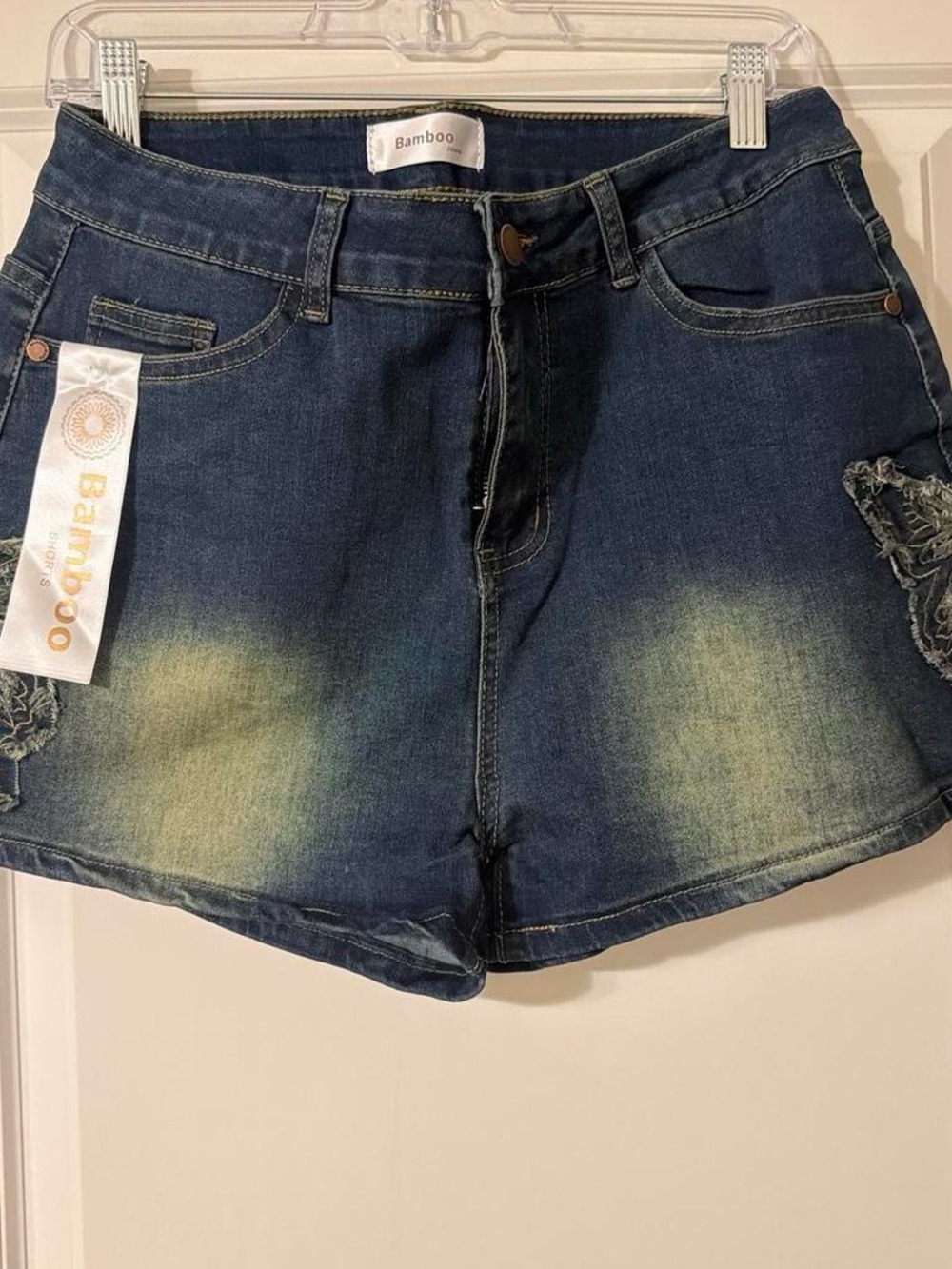 BAMBOO Dark Blue Distressed Denim Shorts with Faded Accents